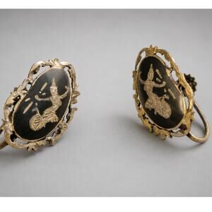 Vintage Black & Silver Neillo Enameled Earrings- Thai Goddess- Screw back sb-3